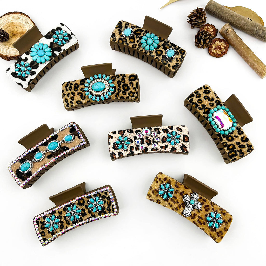 Boho Turquoise Leopard Print Leather Hair Claw Clip