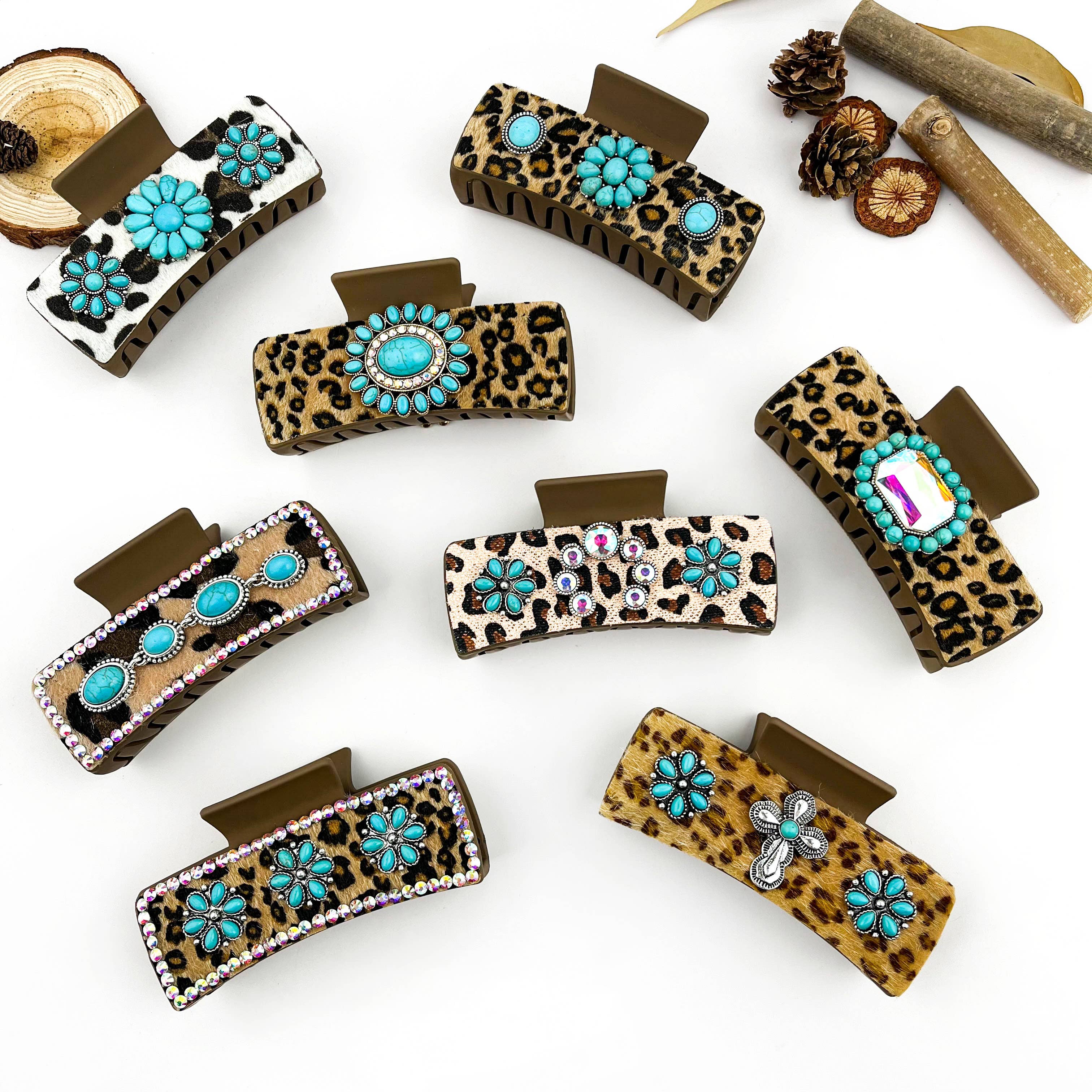 Boho Turquoise Leopard Print Leather Hair Claw Clip