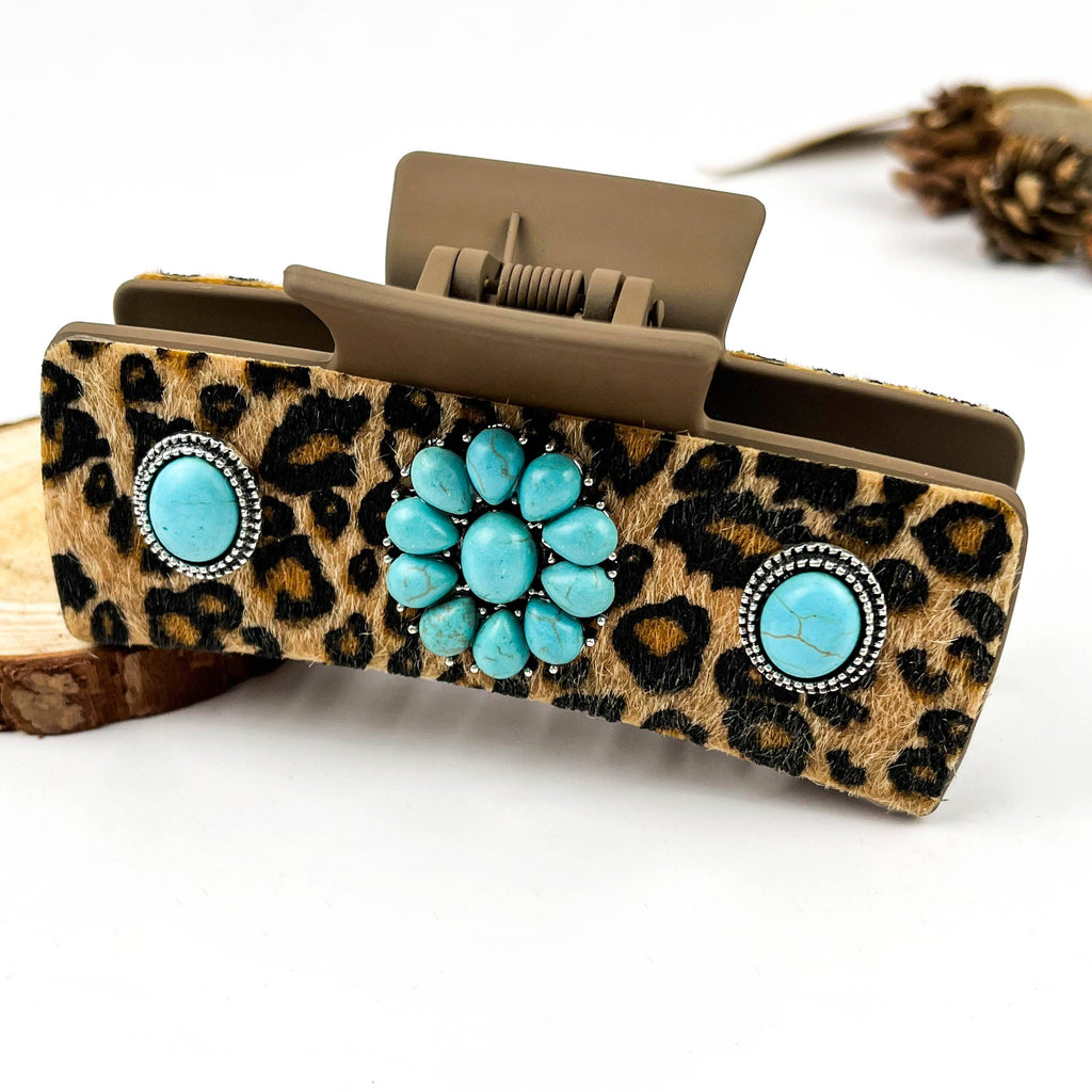 Boho Turquoise Leopard Print Leather Hair Claw Clip