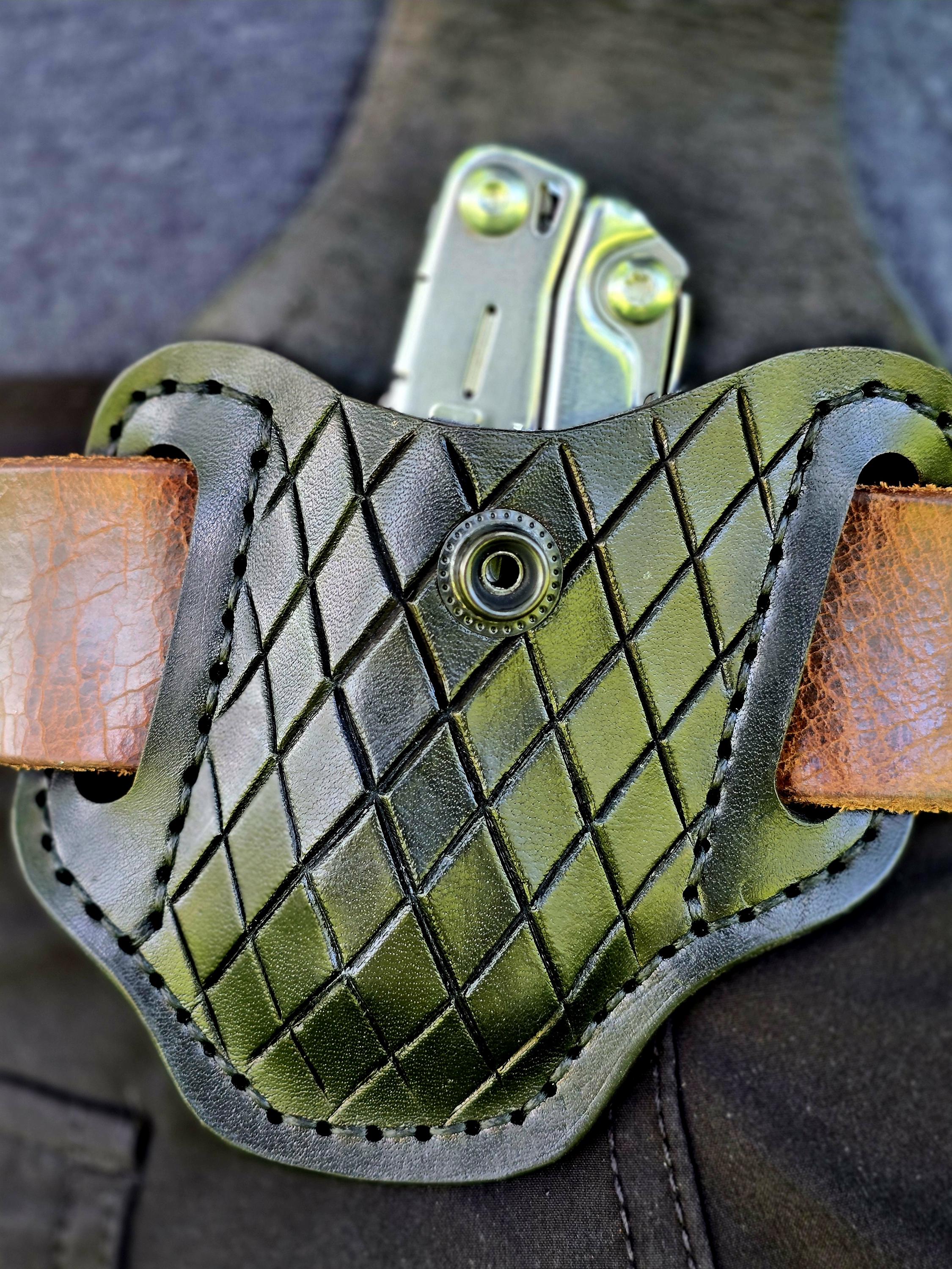 Extended Leatherman Holster, Diamond Tooled Leather Multitool Sheath, EDC Belt Pouch for Large Tools, Heavy Duty Tool Holder, Gift for Men